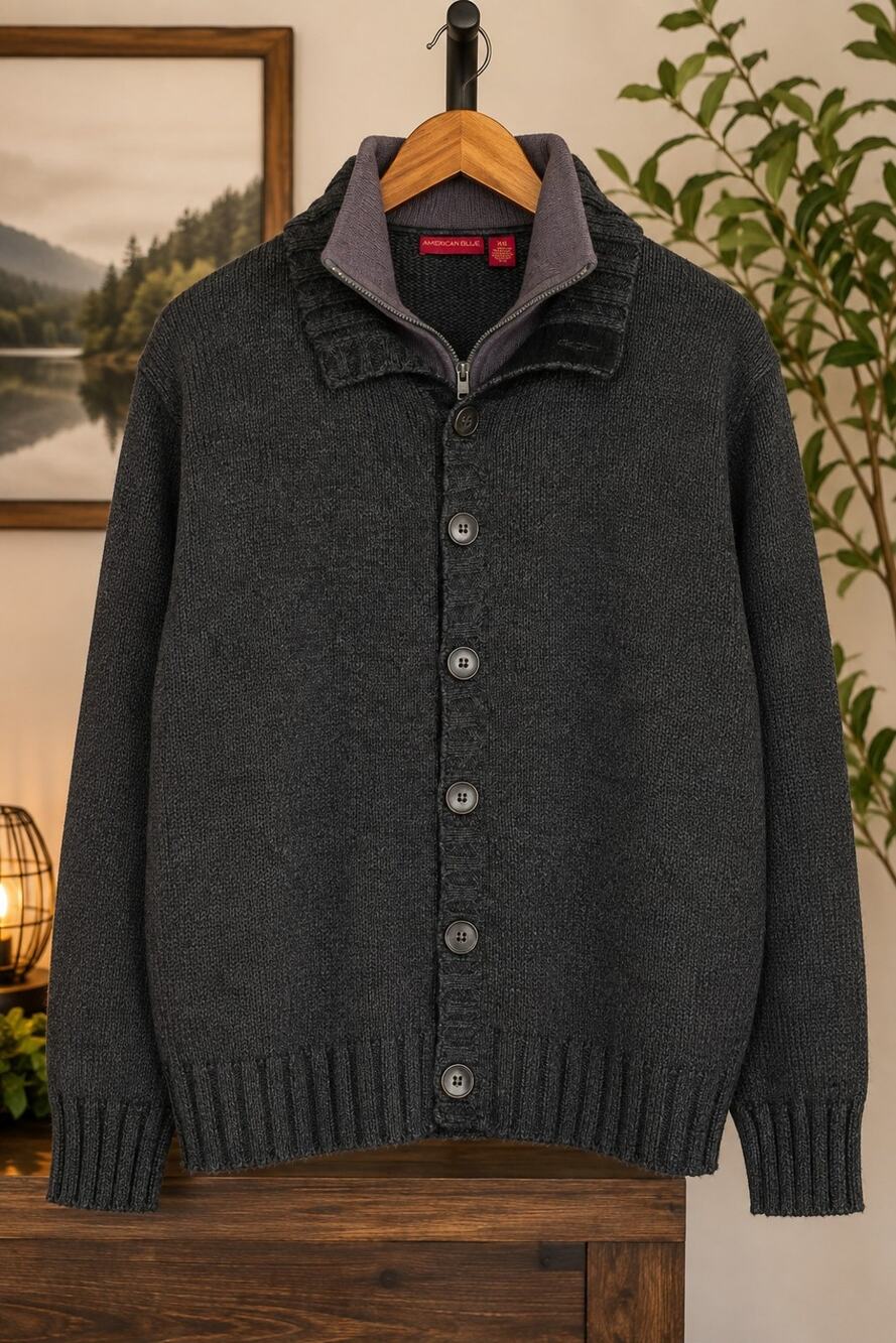 American Blue Men’s XXL Charcoal Gray Knit Cardigan Sweater Jacket Full Zip